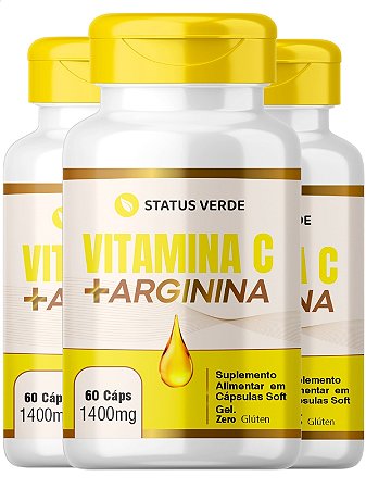 3 Potes Vitamina c + Arginina Kit 180 Caps - Status Verde