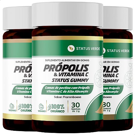 3 Potes Própolis Vitamina C Gummy 30 Caps - Status Verde