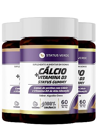 3 Potes Calcium e Vitamina D3 Kit 180 Gomas - Status Gummy