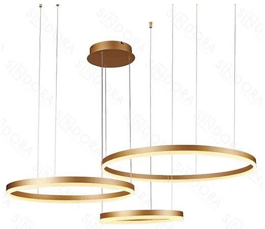 Pendente LED 3 Aros Dourados 40×60×80cm 112W 3000K  Sindora QD05348