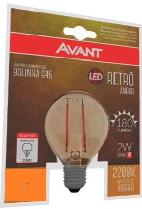 Lâmpada Retrô Bolinha G45, 2W, Luz âmbar 2200K, soquete E27, Bivolt, Avant