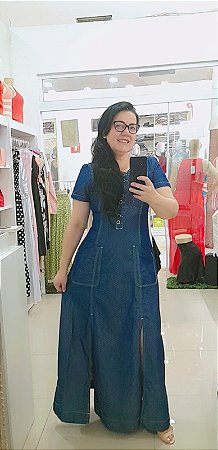 Vestido Longo Manga Curta Jeans Poá com fendas e Bolsos Frontal