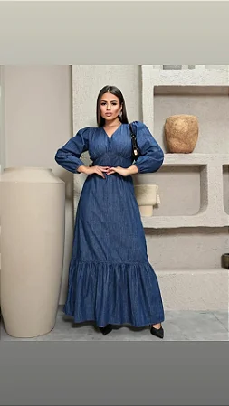 Vestido Longo Jeans Manga Longa Decote V