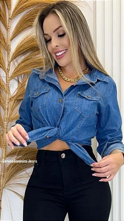 Camisa De Gola Jeans Feminina Manga longa