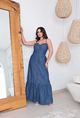 Vestido Jeans Longo fechamento botões Frontal e Alça Ajustável