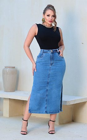 Saia Jeans Midi Fendas Lateral Bolsos Cintura Alta c/ Lycra