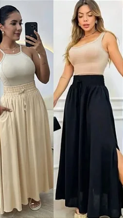 Saia Longa Viscolinho c/ Bolsos Elástico na cintura