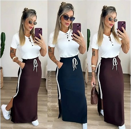 Conjunto Saia Longa com Bolsos Cintura de Elástico e Blusinha Mangas Curtas Botões Frontal