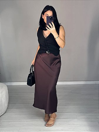 Saia Midi Cetim Cós Elástico