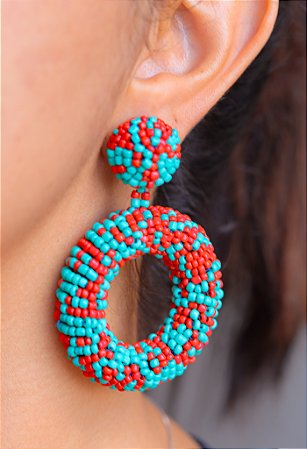 Brinco Argola Azul turquesa/vermelho