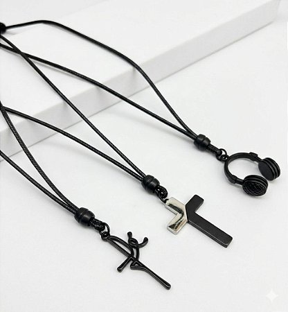 Colar Cordão Regulável Masculino- Fé/ Cruz/Fone