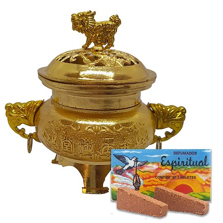 Kit Turíbulo Defumador Divino Ouro 12cm e Defumador Tablete