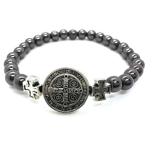 Pulseira Hematita Ajustável Cruz de São Bento Hematita Cinza