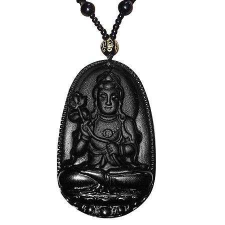 Colar Pingente Buda Flor Lótus Espiritual Relevo Preto 30 cm