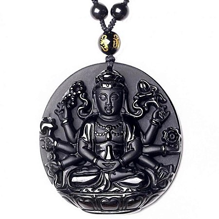 Colar Com Pingente Buda Adorando Amitabha Relevo Preto 30cm