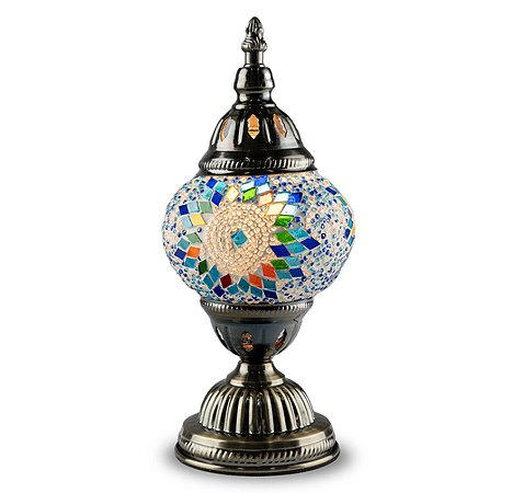 Abajur Turco Mosaico Metal Vidro Bola Colorida Bivolt 28 cm