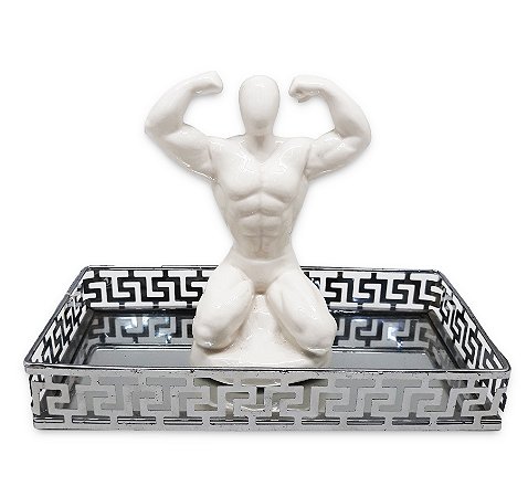 Estátua fisiculturista Vencedor Com Bandeja Branco 13cm
