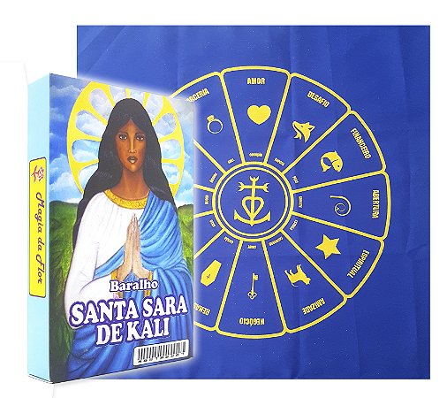 Kit Baralho Tarô Sara Kali e Toalha Cigana Azul Ouro Brilho