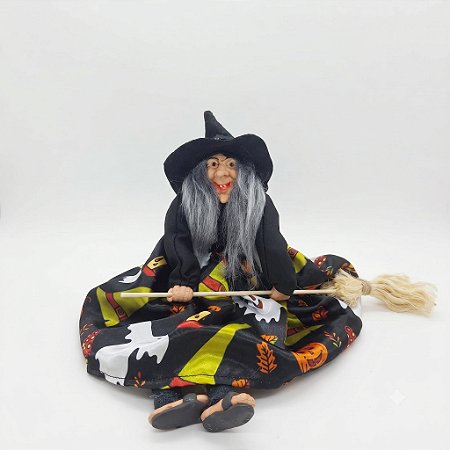 Enfeite Bruxa Vassoura para Pendurar Fantasma Abóbora 38 cm
