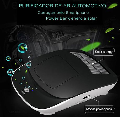 Purificador de ar Automotivo por ozônio / Movido por energia solar com carregador Power Bank para smartphone