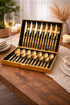 Kit Faqueiro Dourado com Maleta – 24 Peças