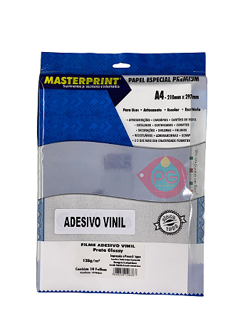 VINIL IMPRIMÍVEL A4 (FOLHA) PRATA GLOSSY ADESIVO (JATO DE TINTA) A PROVA D'ÁGUA