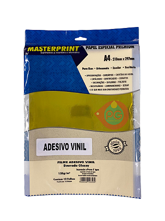VINIL IMPRIMÍVEL A4 (FOLHA) DOURADO GLOSSY ADESIVO (JATO DE TINTA) A PROVA D'ÁGUA