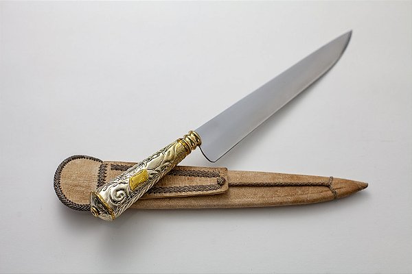 FACA INOX 10" MARCA GAÚCHA / CABO ALPACA / BAINHA COURO CRÚ TRANÇADO
