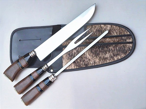 10 (DEZ) KITS TRIPLO (FACA/GARFO/CHAIRE) INOX - BAINHA DE COURO C/ PELO