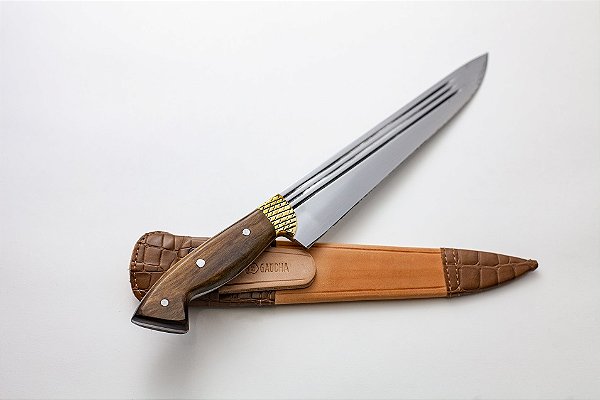 FACA CARBONO 10" LISTRADO GAÚCHA CABO MADEIRA / BAINHA DE COURO