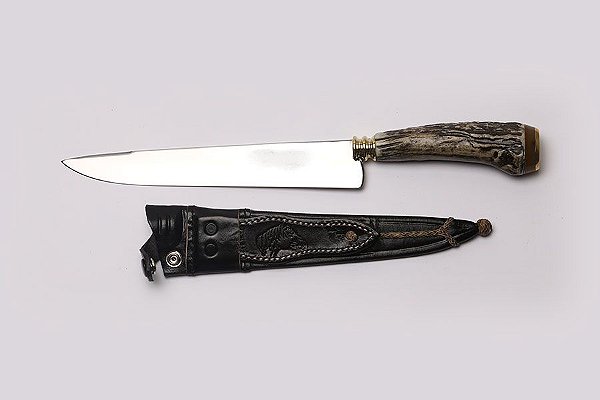 FACA INOX CABO FIBRA CERVO C/ BAINHA DE COURO