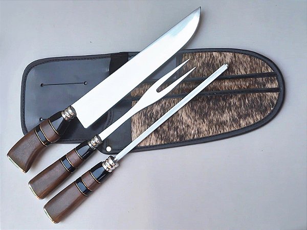 KIT INOX 10 POL. CASCAVEL (FACA/GARFO/CHAIRE) / BAINHA EM COURO C/ PELO