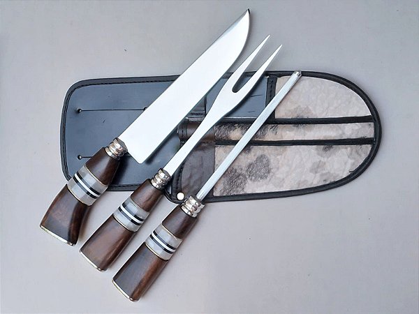 KIT INOX 08 POL. CASCAVEL (FACA/GARFO/ CHAIRE) / BAINHA DE COURO C/ PELO