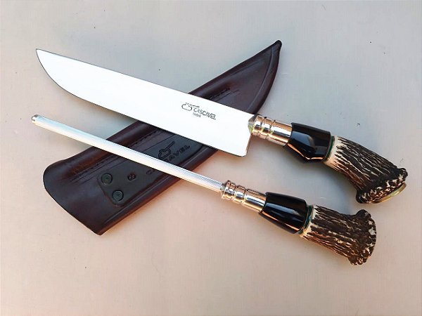 KIT INOX 8 POL. CASCAVEL (FACA E CHAIRE) / BAINHA DE COURO