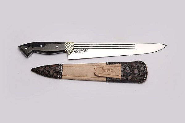FACA CARBONO 10" LISTRADO GAÚCHA / BAINHA DE COURO / CABO CHIFRE