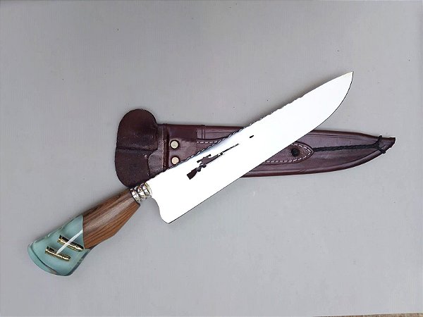 FACA INOX 10" MODELO HÍBRIDO VAZADO C/ BAINHA ESPECIAL EM COURO