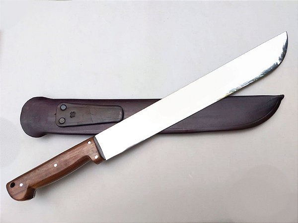 FACÃO 14" MILITAR INOX MARCA CASCAVEL CABO MADEIRA / BAINHA DE COURO