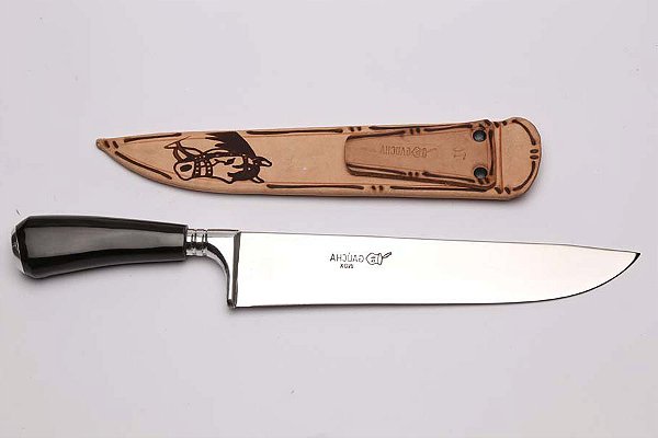 FACA INOX 09" GAÚCHA CABO VOLTEADO DE CHIFRE / BAINHA DE COURO DESENHADO
