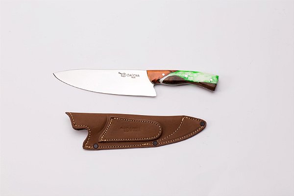 FACA CHEF 8" INOX GAÚCHA CABO HÍBRIDO VÁRIAS CORES C/ BAINHA DE COURO