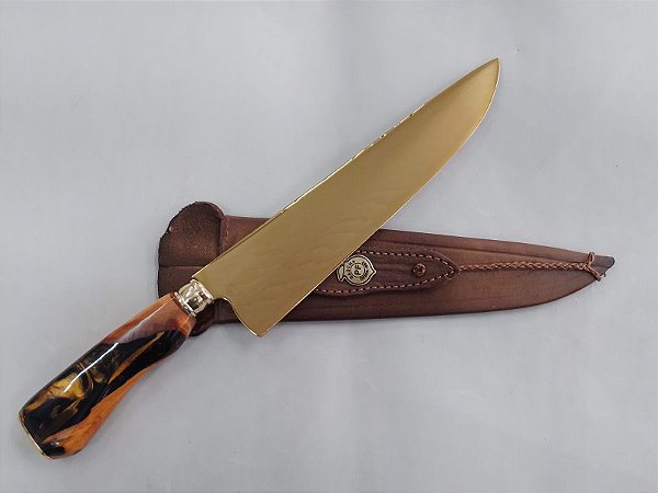 FACA 10" LARGA - DOURADA / INOX MARCA GAÚCHA / BAINHA EM COURO