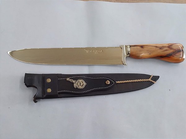 FACA 10" DOURADA INOX MARCA GAÚCHA / BAINHA EM COURO