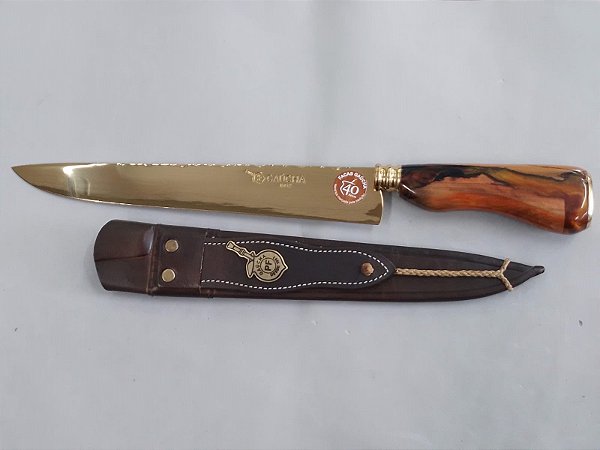 FACA 10" SOLINGEM DOURADA INOX MARCA GAÚCHA / BAINHA EM COURO