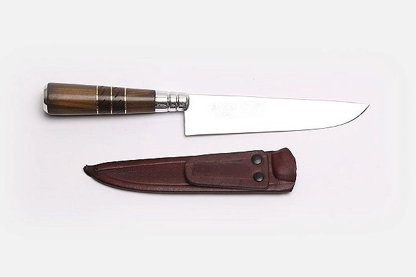 FACA INOX 09" GAÚCHA CABO MADEIRA TRABALHADO / BAINHA DE COURO