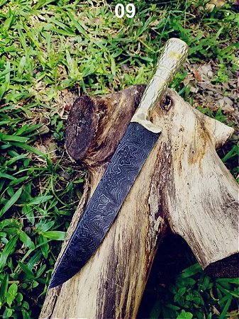 FACA AÇO DAMASCO CABO EM ALPACA (08 ou 09" de LÂMINA) / BAINHA ESPECIAL EM COURO