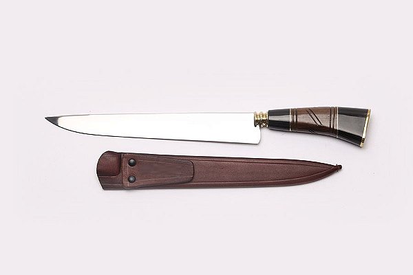 FACA INOX 08" MODELO SOLINGEM CABO CHIFRE/MADEIRA/METAL C/ BAINHA DE COURO