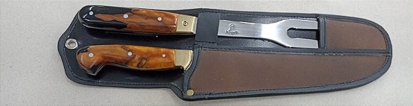 CJ FACA/GARFO 10" INOX GAÚCHA / CABO HÍBRIDO / BAINHA ESPECIAL EM COURO