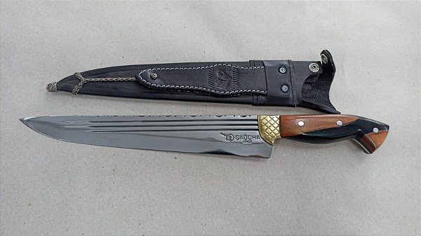 FACA GAÚCHA 10" INOX III LISTRAS / CABO HÍBRIDO / BAINHA DE COURO