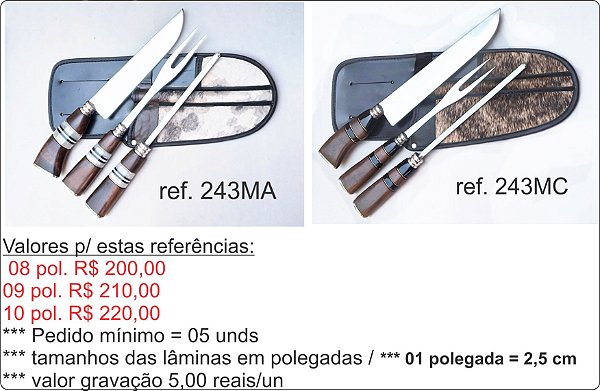 KIT TRIPLO (FACA / CHAIRE / GARFO) PERSONALIZADO/ DE 08 À 10 POLEGADAS