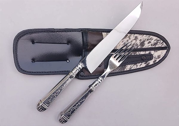 KIT INOX 08" CABOS METAL ALTO RELEVO / MARCA CASCAVEL / BAINHA DE COURO C/ PELO