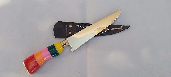 FACA CIGANA 07" LÂMINA DOURADA / GAÚCHA / INOX / BAINHA ESPECIAL DE COURO